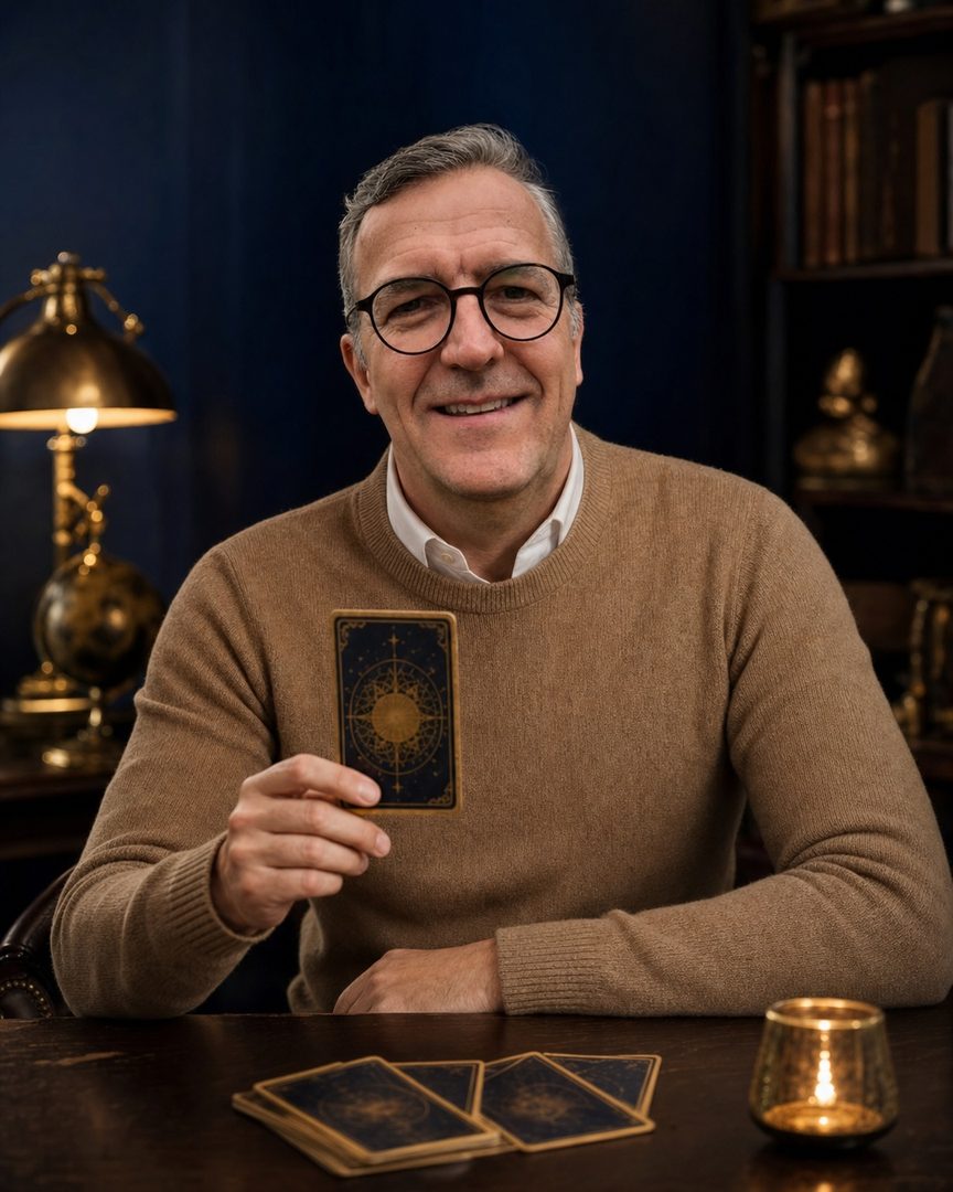O Carlos à mesa, a mostrar uma carta de tarot